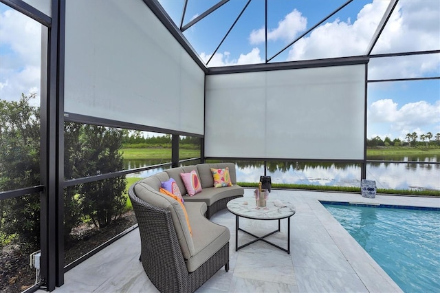 sunroom / solarium featuring a water view and a pool