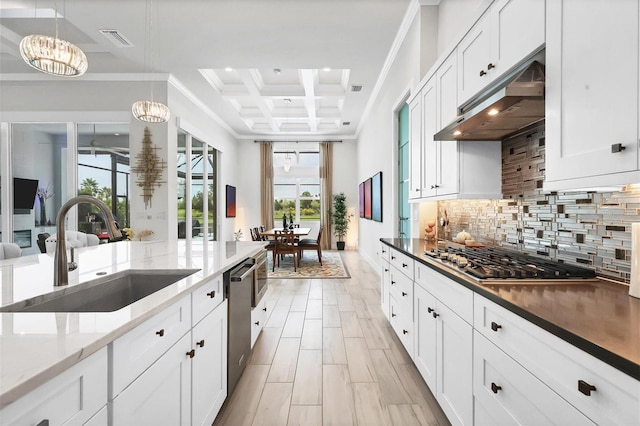 kitchen with coffered ceiling, stainless steel appliances, sink, and a wealth of natural light