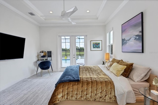 bedroom featuring ornamental molding, french doors, access to exterior, and ceiling fan