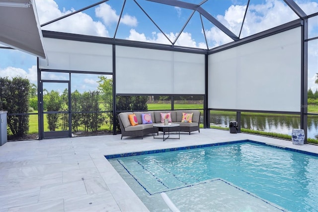 view of pool with glass enclosure, an outdoor living space, a water view, and a patio area