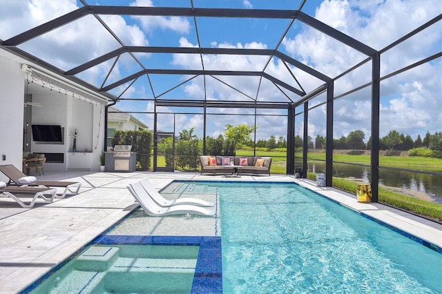 view of swimming pool with a water view, a patio, glass enclosure, and outdoor lounge area