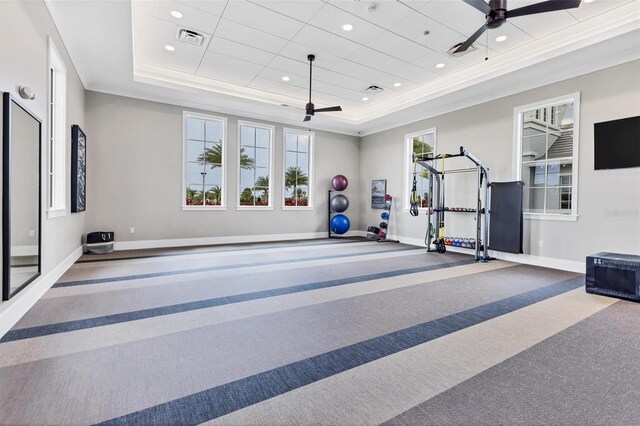 exercise room featuring a tray ceiling, carpet, and ceiling fan