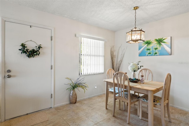 tiled dining area featuring a textured ceiling and a notable chandelier