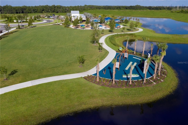 birds eye view of property featuring a water view