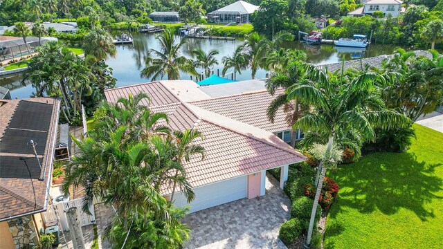 bird's eye view with a water view