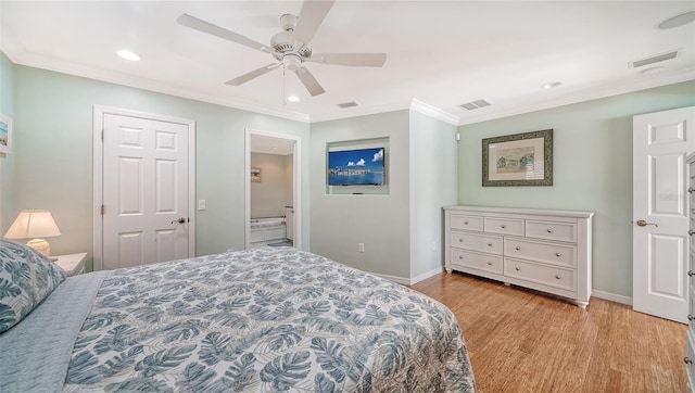 bedroom featuring ornamental molding, light hardwood / wood-style flooring, and ceiling fan