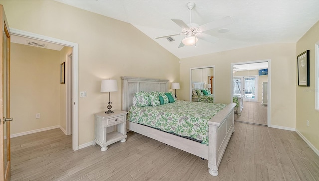 bedroom with light wood-type flooring, ceiling fan, and vaulted ceiling