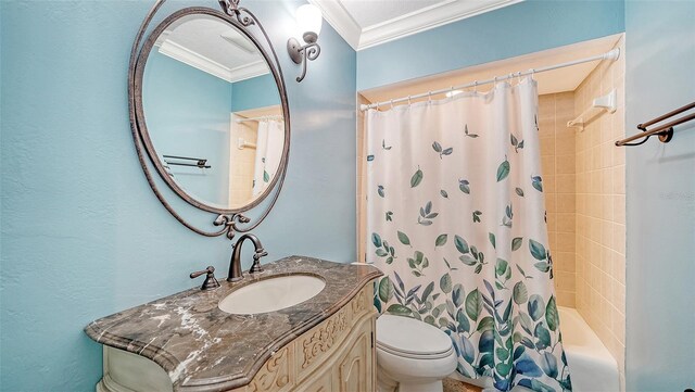 full bathroom with toilet, ornamental molding, shower / tub combo with curtain, and vanity