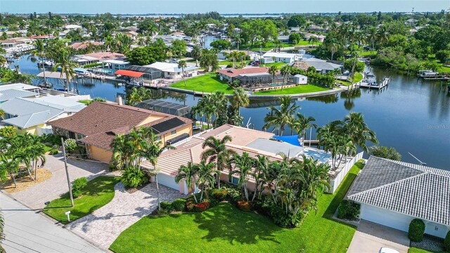 drone / aerial view with a water view