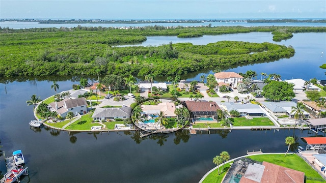 bird's eye view with a water view