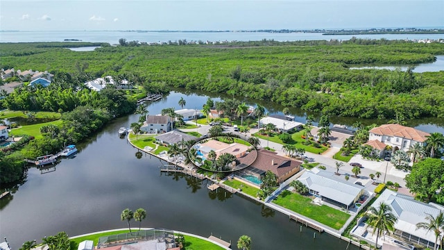 bird's eye view with a water view