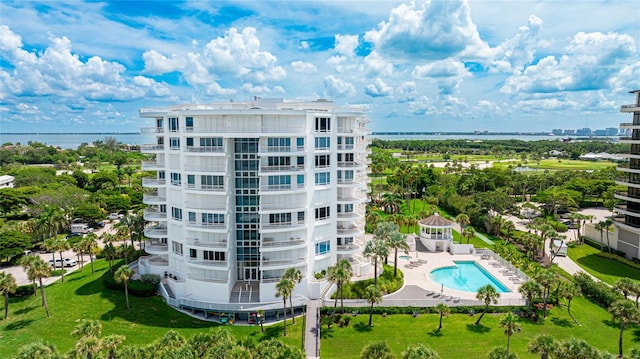 drone / aerial view with a water view