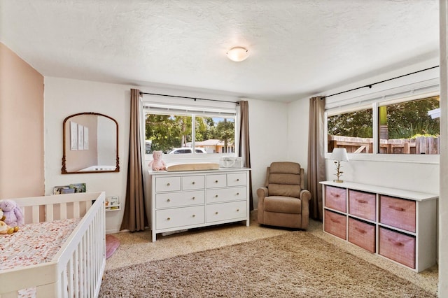 carpeted bedroom with a nursery area