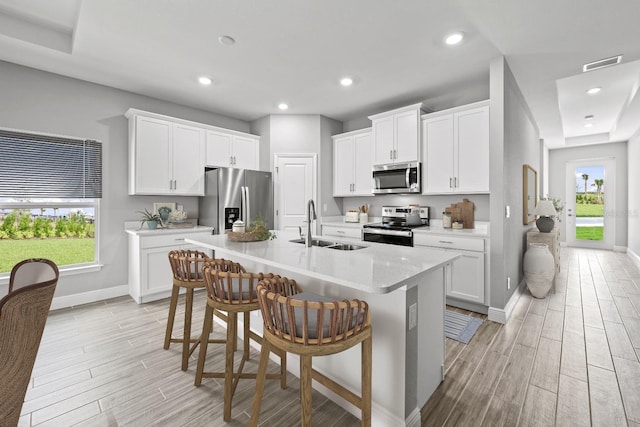 kitchen with stainless steel appliances, sink, a center island with sink, and white cabinets