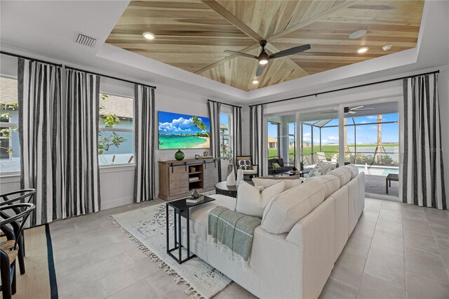 living room with wooden ceiling, ceiling fan, and a raised ceiling