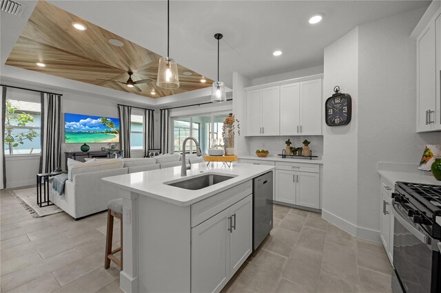 kitchen featuring white cabinets, a raised ceiling, a kitchen island with sink, and sink