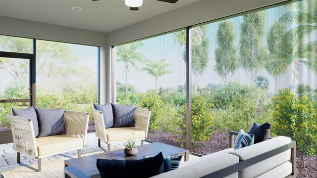 sunroom / solarium featuring ceiling fan