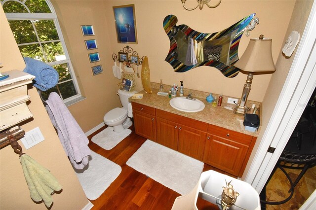 bathroom featuring wood-type flooring, toilet, and vanity