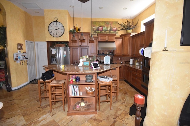 kitchen with light tile patterned floors, decorative backsplash, stainless steel fridge with ice dispenser, and wall chimney exhaust hood