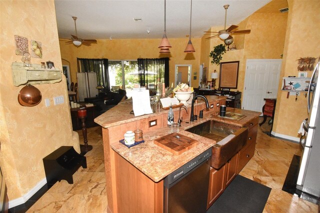 kitchen with black dishwasher, light stone counters, light tile patterned floors, a center island, and ceiling fan