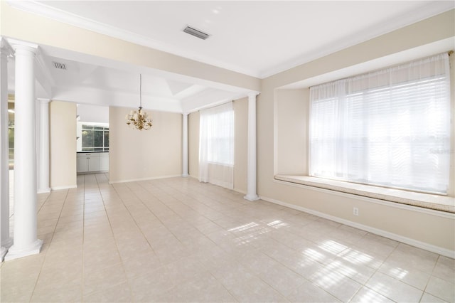 unfurnished living room with a notable chandelier, ornamental molding, and light tile patterned floors