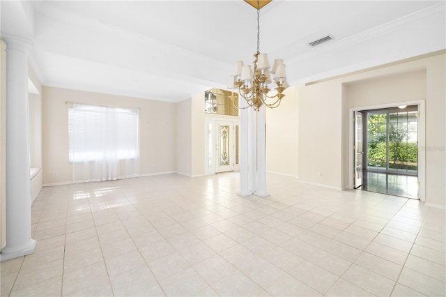 spare room with an inviting chandelier, decorative columns, beamed ceiling, and light tile patterned floors