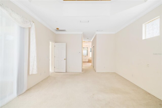 spare room with crown molding and light colored carpet