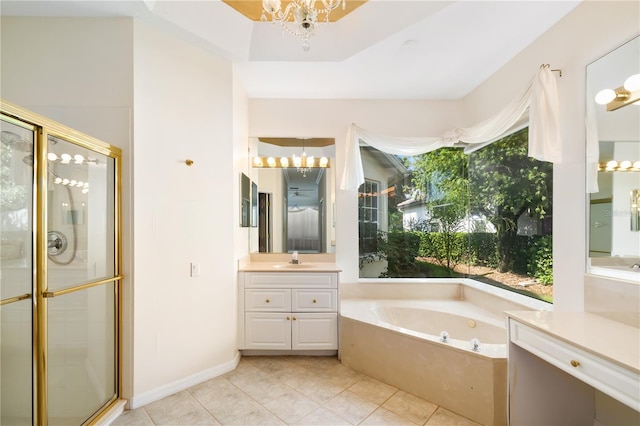 bathroom with a notable chandelier, vanity, separate shower and tub, and tile patterned flooring