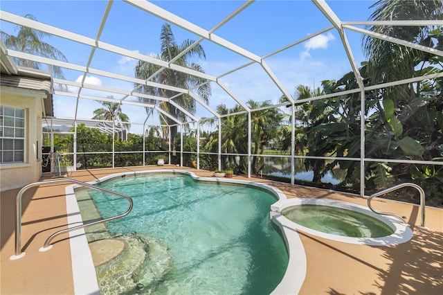 view of pool featuring a patio, an in ground hot tub, and a lanai