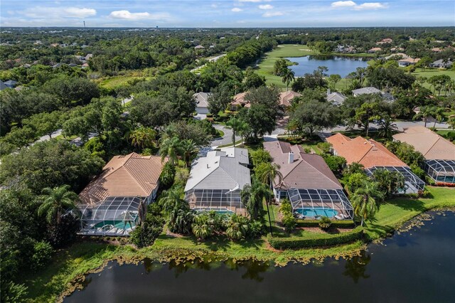 bird's eye view with a water view