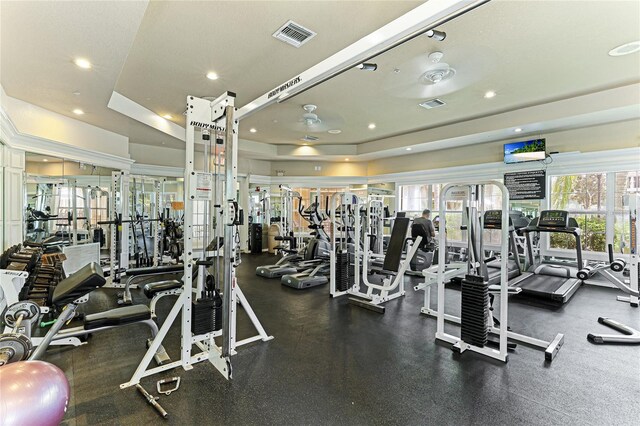 exercise room featuring a tray ceiling