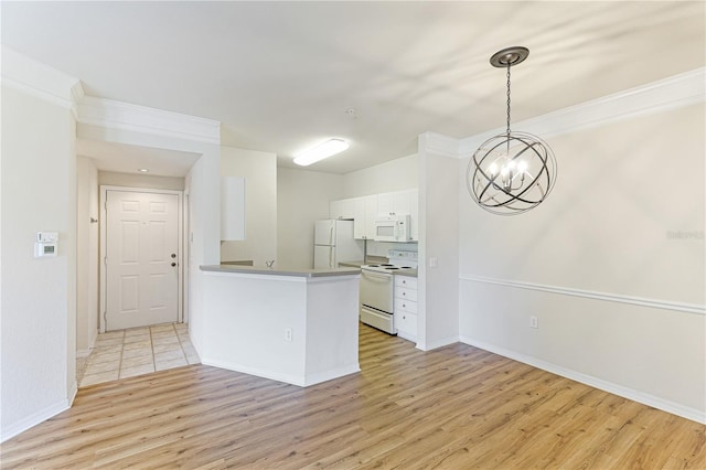 kitchen with kitchen peninsula, white cabinets, hanging light fixtures, light wood-type flooring, and white appliances