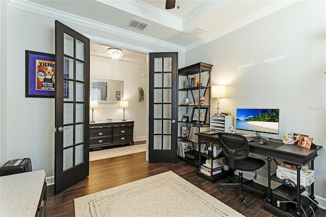 office featuring french doors, ornamental molding, and dark hardwood / wood-style floors