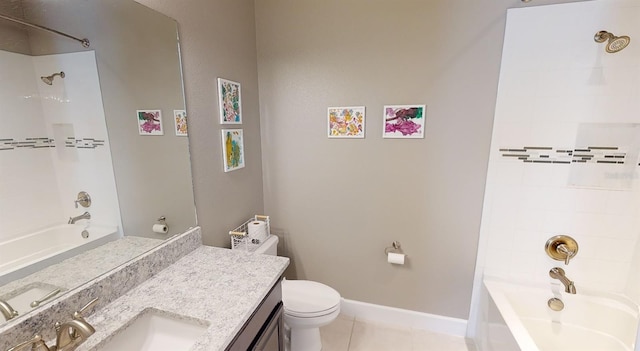 full bathroom with tile patterned floors, vanity, toilet, and tiled shower / bath combo