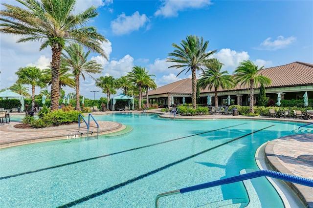 view of swimming pool featuring a gazebo