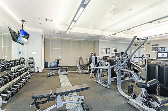 workout area featuring ceiling fan