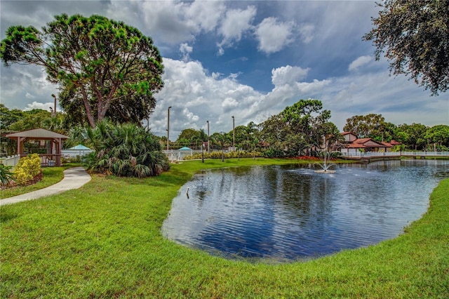 view of water feature featuring a gazebo