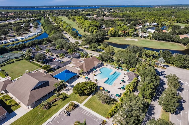 bird's eye view with a water view