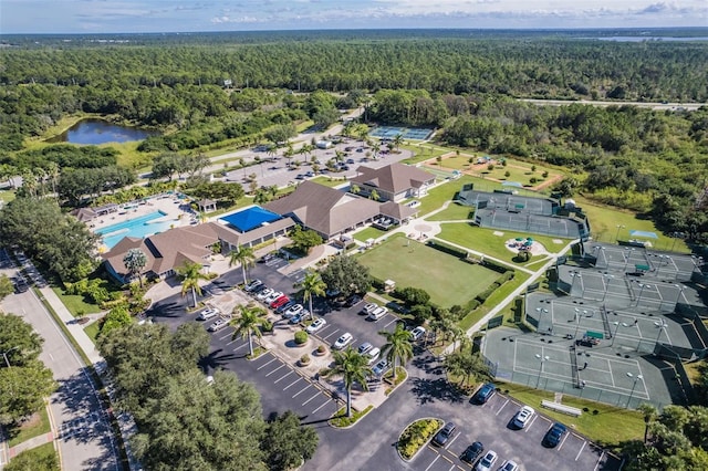 bird's eye view with a water view