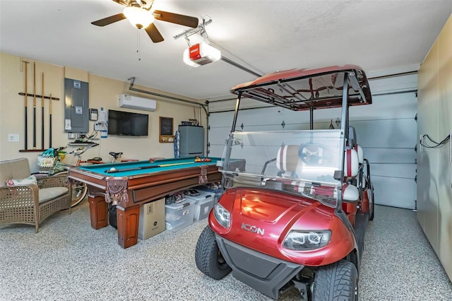 recreation room with ceiling fan, electric panel, a wall mounted AC, and billiards