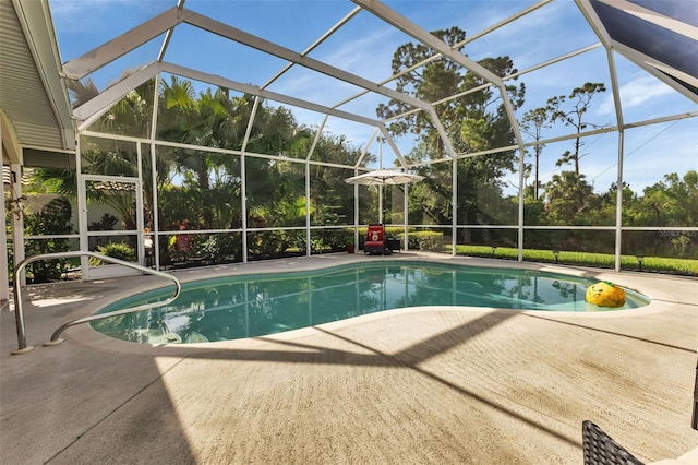 view of swimming pool with a patio and a lanai