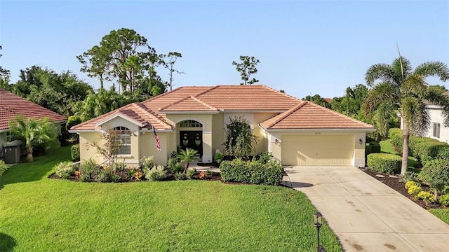 13791 Palmetto Point Ct, Port Charlotte, FL 33953 - mediterranean / spanish house with an attached garage, a front lawn, stucco siding, a tiled roof, and driveway