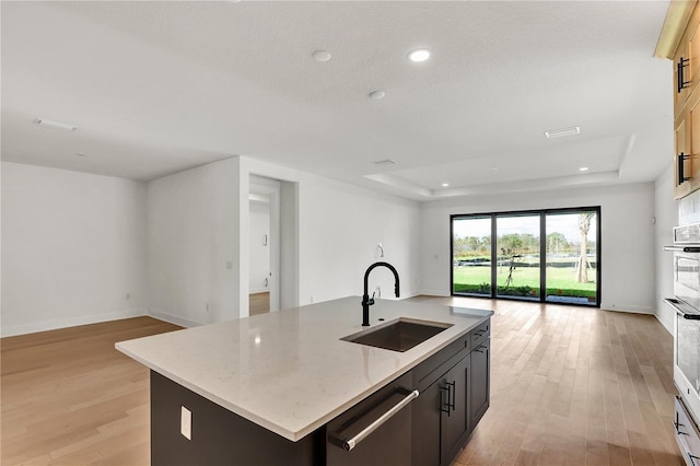 kitchen with a kitchen island with sink, sink, light stone counters, and light wood-type flooring