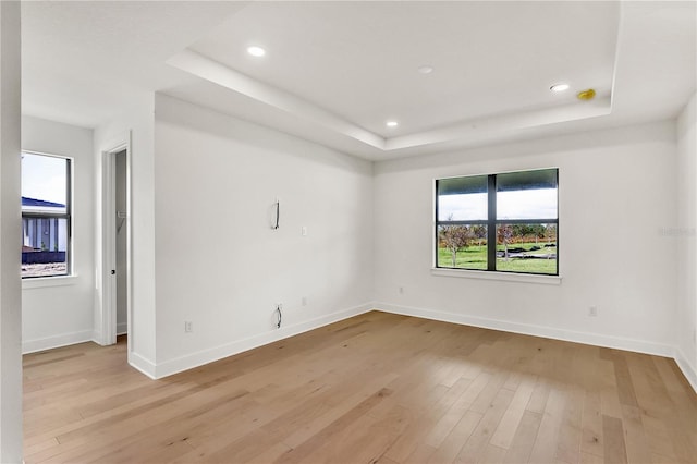 empty room with light hardwood / wood-style floors and a tray ceiling