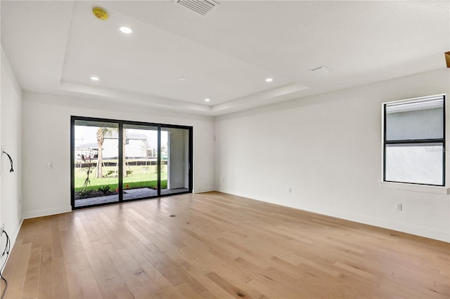 spare room featuring a raised ceiling and light wood-type flooring