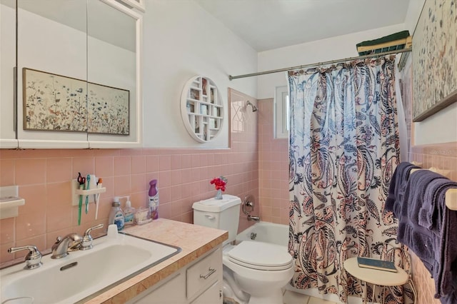 full bathroom with tile walls, shower / bath combo, backsplash, toilet, and vanity