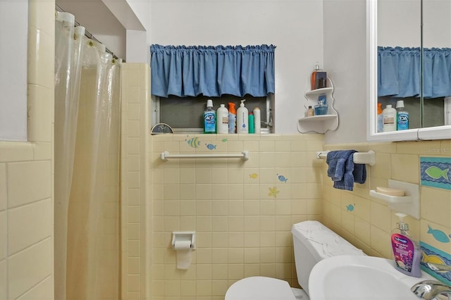 bathroom with tile walls and toilet