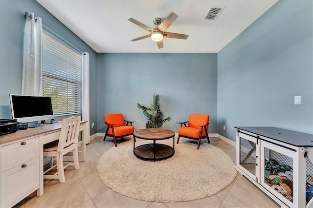 tiled home office with ceiling fan