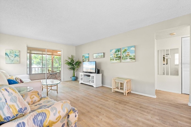 living room with a textured ceiling and light wood-type flooring