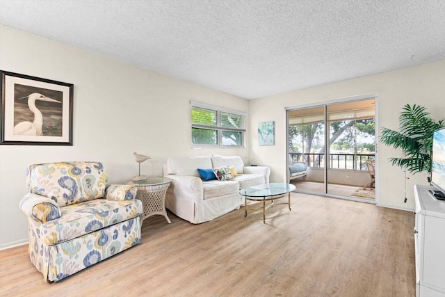 living room featuring baseboards, a textured ceiling, and light wood finished floors